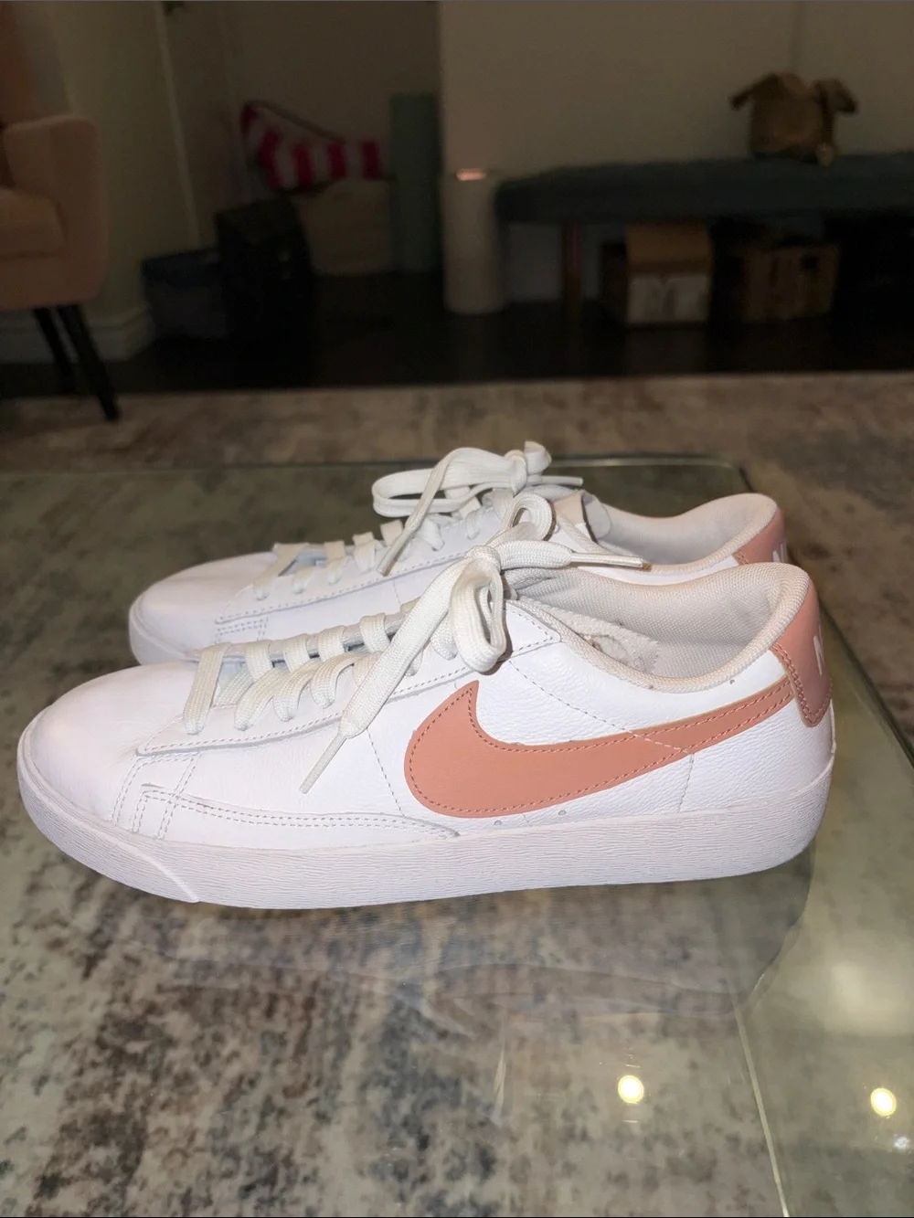 Nike Women's‎ White Leather Sneaker with Blush Swoosh 8